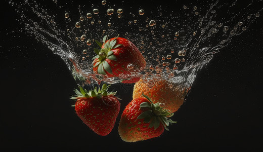 水果落水几颗落在水里的细鲜草莓插画