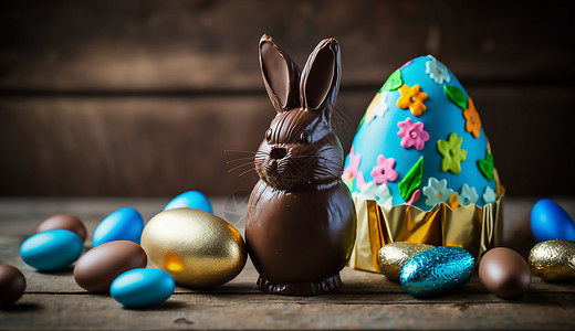 蓝色彩蛋和兔巧克力背景图片