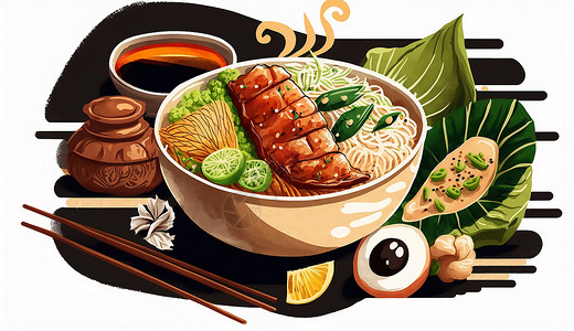 天妇罗面米饭美味的风格午餐插画
