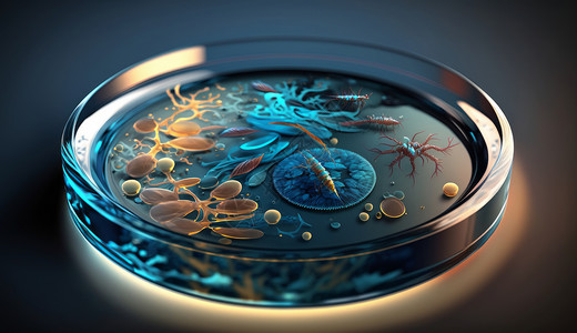 圆形病毒蓝色培养皿中的微生物插画