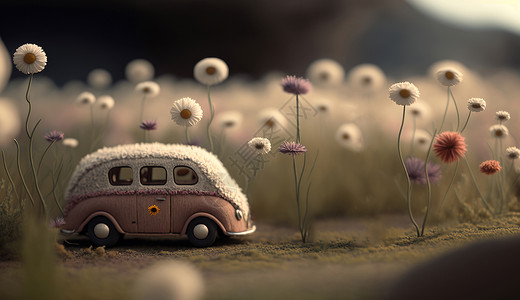卡通小雏菊在花丛中可爱的浅粉色羊毛毡汽车插画