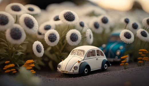 diy玩具在花丛中的羊毛毡卡通小白汽车插画