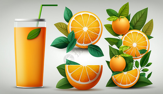 新鲜橘子和果汁新鲜的水果和果汁插画
