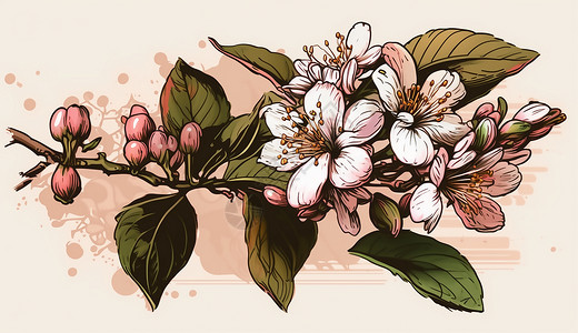 开在四月里花开在枝头的苹果花瓣插画