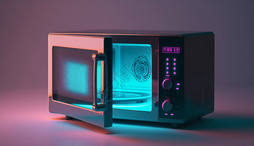 厨房电器素材打开的霓虹光微波炉插画