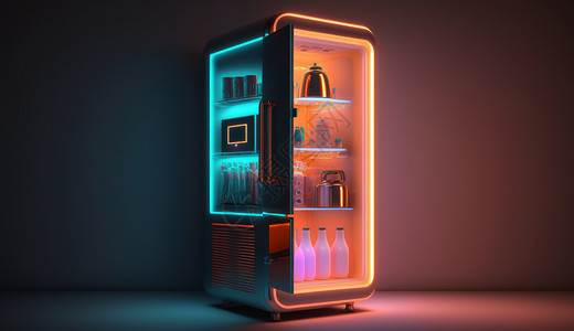 电冰箱霓虹光透明的小冰箱插画