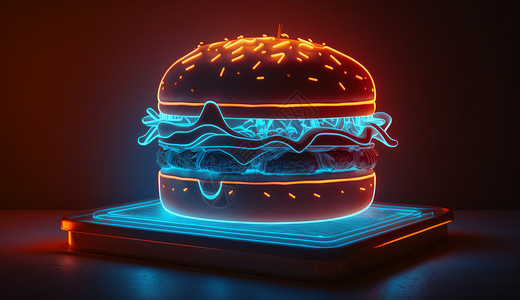 上面的光美味的汉堡霓虹光插画