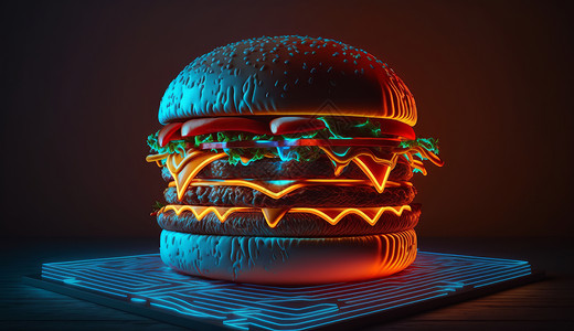 霓虹光下美味的汉堡背景图片