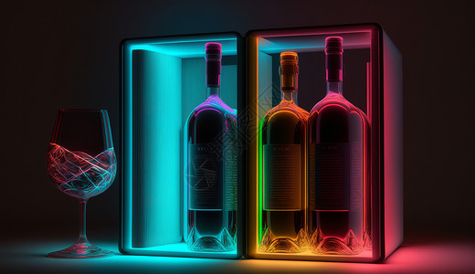 红酒瓶包装展示霓虹光下的高脚杯与红酒插画
