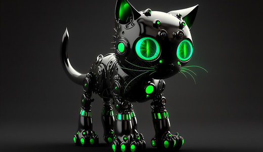 黑色电子机器黑色绿眼睛的电子猫插画