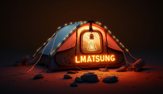 沙漠暮光野外在野外开着霓虹灯的露营帐篷插画