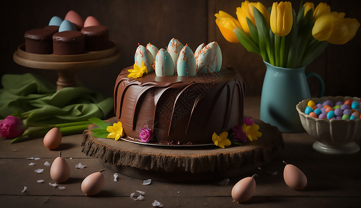 鸡蛋和巧克力蛋糕背景图片