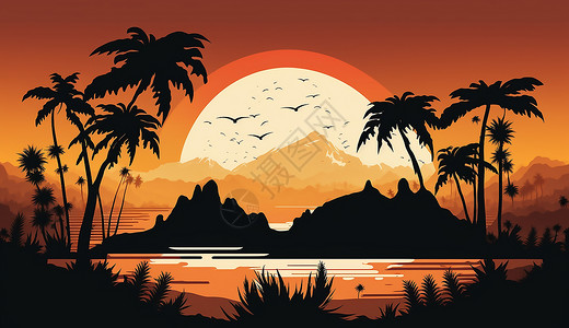 海上岛屿落日的海上风景插画