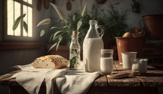 厨房大促牛奶与面包小清新静物插画