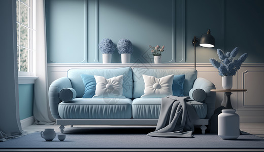 家具产品蓝色调客厅的装饰与装修插画