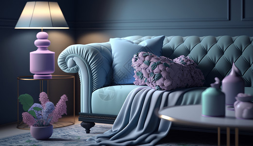 家具大促简约欧式复古蓝色沙发插画