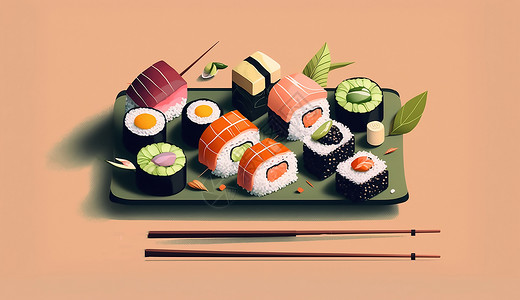 一盘寿司和筷子图片