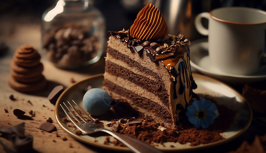 盘子上的奶油巧克力蛋糕图片