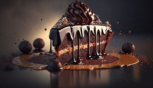 一块蛋糕和融化的巧克力背景图片
