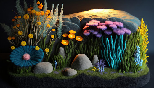 手工羊毛毡花朵与山石背景图片