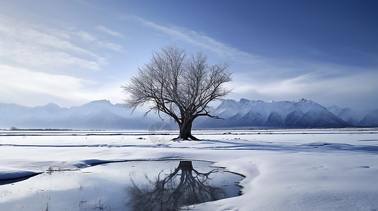 平原雪景雪中的树插画