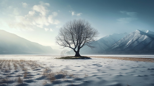 一棵孤零零的树雪中的树风景风光插画