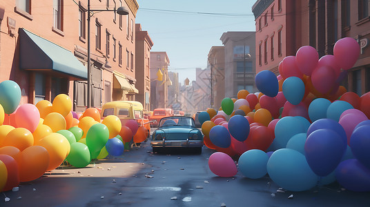 街道汽车气球场景背景图片