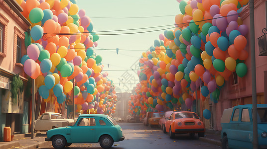 绿松石车气球节日氛围插画