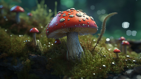 红色蘑菇和小草蘑菇插画