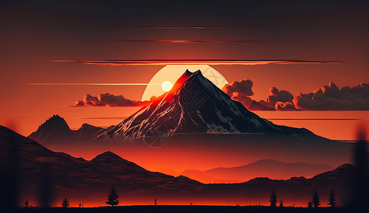 山背后红色的夕阳背景图片