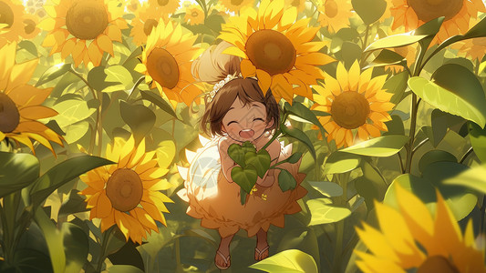 花丛中小孩小女孩在向日葵花丛中开心的笑插画