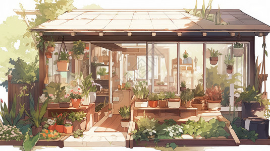 花店小屋小清新阳光花房插画