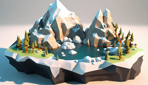 冰山模型雪山与湖泊创意等距风小岛插画