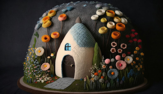 羊毛毡质感花朵创意小屋背景图片