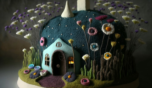 手工翻糖开满小雏菊的羊毛毡质感创意小屋插画