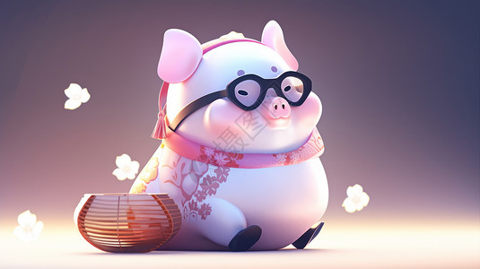 艺术花瓶组戴着黑框眼镜组坐着的可爱小猪插画