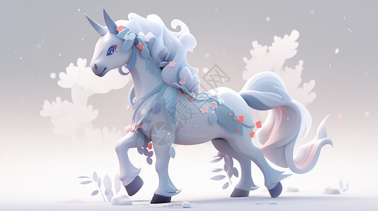 雪地里奔跑马美丽的浅蓝色卡通小马插画