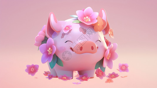 洗澡小粉猪头顶粉色花朵的小粉猪插画