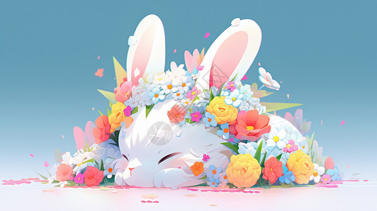 艺术花环头戴花环趴着睡觉的可爱小白兔插画