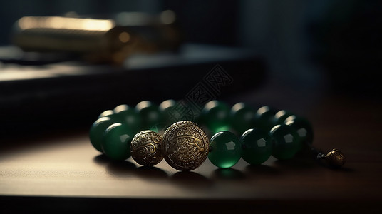 黄金手链桌子上的绿色珠宝插画