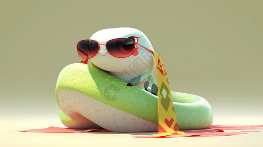 熊猫边框戴红色边框太阳镜的卡通小绿蛇插画