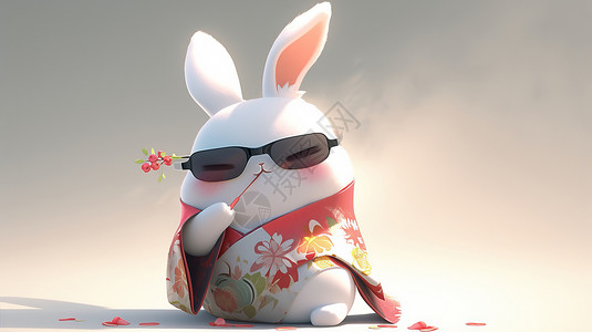 戴墨镜吃东西的小白兔高清图片