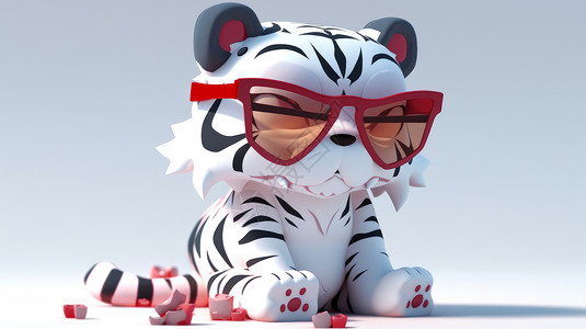 黄红色边框戴着红色边框眼镜的白色可爱小老虎插画