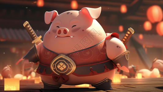 动漫猪背着武器会功夫的猪插画