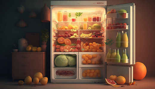 肉和水果装满食物开着门的冰箱插画