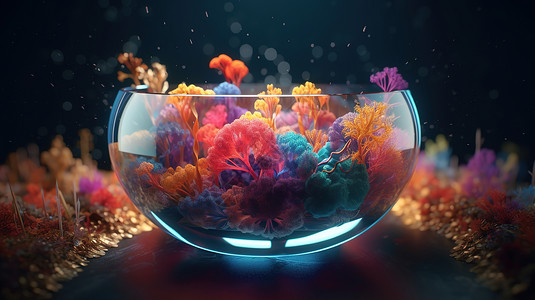 彩色渐变珊瑚群玻璃杯中珊瑚植物插画
