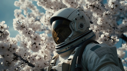 宇航员看白色樱花树背景图片