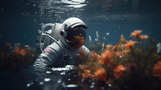 背着氧气罐在水中行走的宇航员插画