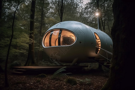 创意建筑设计森林中的太空舱民宿插画