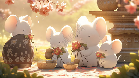 拿着花朵四只可爱的卡通小白鼠高清图片
